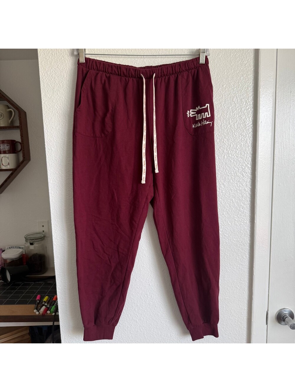 Keith Haring Barking Dog Burgundy Jogger Sweatpants M Y2K Style